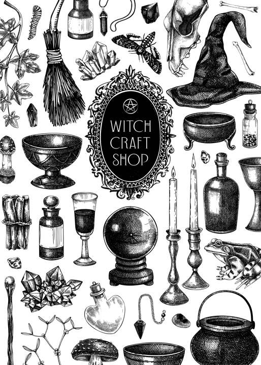 Boho witch party invitation design. Bohemian witchcraft flyer, poster, frame. Vinatge Halloween sketches. Hand-drawn vector illustration. NOT AI generated